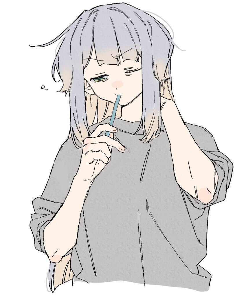 1girl brushing_teeth dayama grey_shirt highres nijisanji one_eye_closed shioriha_ruri shirt toothbrush virtual_youtuber