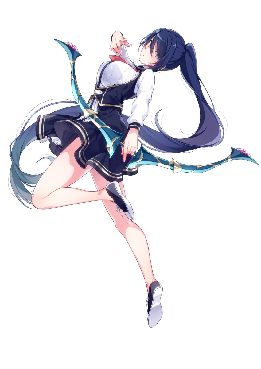 1girl aiba_mio bare_legs blue_eyes blue_hair bow_(weapon) expressionless eyes_visible_through_hair full_body high_ponytail highres holding holding_bow_(weapon) holding_weapon leg_up long_hair long_sleeves looking_at_viewer miniskirt no_socks official_art omega_labyrinth_life ponytail shoes simple_background skirt sneakers solo u35 underbust very_long_hair weapon white_background