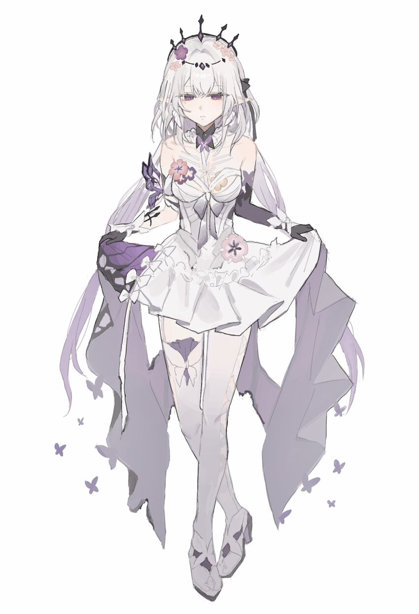 1girl asymmetrical_gloves bare_shoulders black_gloves black_tiara bug butterfly castorice_(honkai:_star_rail) crossed_legs curtsey dress elbow_gloves expressionless flower full_body gloves grey_hair hair_flower hair_ornament high_heels highres honkai:_star_rail honkai_(series) insect long_hair looking_at_viewer parted_lips pointy_ears purple_butterfly purple_eyes rekka_shinai shoes simple_background single_elbow_glove skirt_hold solo tiara uneven_gloves white_background white_dress white_shoes