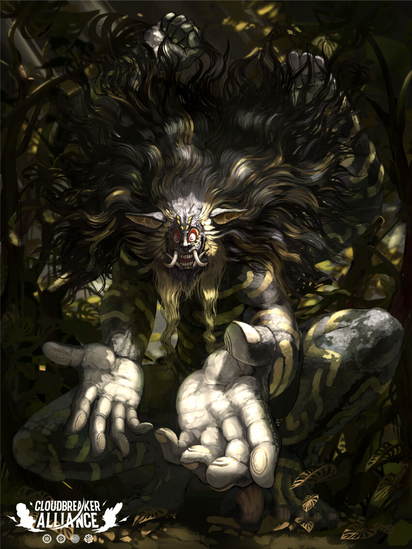 absurdres cloudbreaker_alliance extra_arms fangs foreshortening highres light_rays long_hair looking_at_viewer monster official_art open_hand open_mouth pointy_ears squatting sunlight yumo80295386
