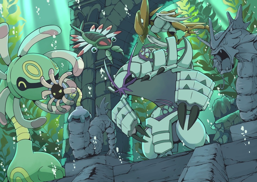 2others ^_^ absurdres angry anomalocaris anorith bubble claws closed_eyes colored_skin cradily fins gen_1_pokemon gen_3_pokemon gen_7_pokemon golisopod green_skin gyarados highres isopod kabutops kelp light_rays lileep multiple_others nintendo open_mouth pokemon pokemon_(creature) purple_skin q-chan ruins solid_circle_eyes standing star-shaped_pupils star_(symbol) statue sunbeam sunlight symbol-shaped_pupils teeth underwater wimpod yellow_eyes