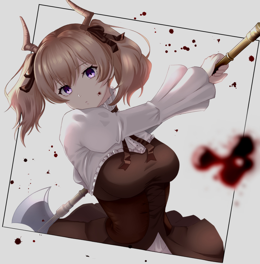 1girl axe battle_axe blood blood_on_face breasts brown_dress brown_hair brown_ribbon commentary demon_girl demon_horns dress expressionless grey_background hair_ribbon highres holding holding_axe holding_weapon horns jjjjjj_(emgh7234) linie_(sousou_no_frieren) long_sleeves looking_at_viewer purple_eyes ribbon shirt short_hair simple_background solo sousou_no_frieren twintails weapon white_shirt