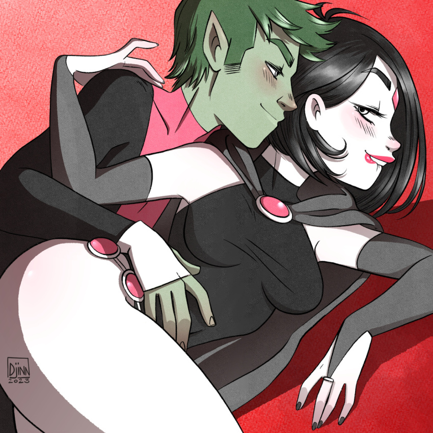 1boy 1girl beast_boy_(dc) black_hair blush colored_skin couple dc_comics excited excited_for_sex green_eyes green_hair green_skin happy highres hug pointy_ears raven_(dc) smile teen_titans thick_thighs thighs