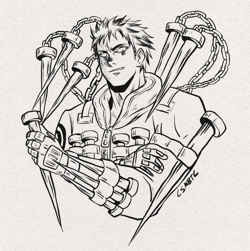 1boy chain commentary cropped_torso csmbtc dorohedoro english_commentary gloves greyscale grin highres inktober long_sleeves looking_at_viewer male_focus monochrome risu_(dorohedoro) short_hair signature simple_background smile solo stake zipper_pull_tab