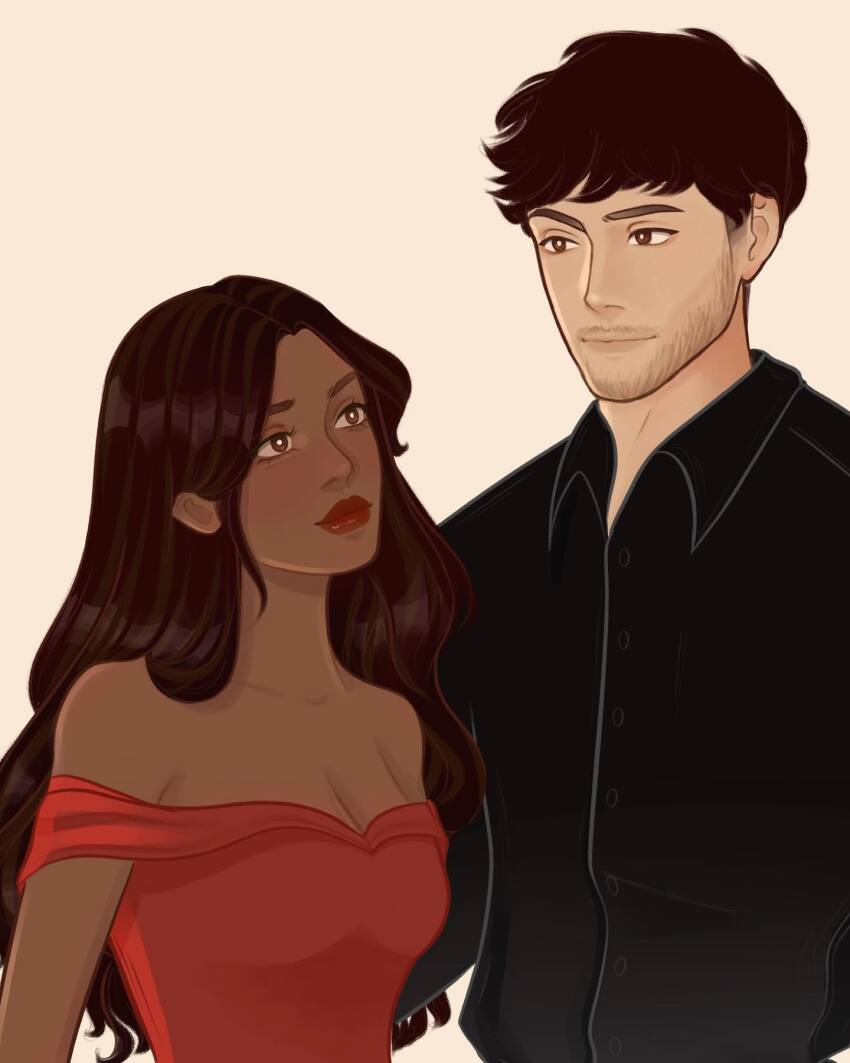 1boy 1girl beard black_shirt blush breasts brown_eyes cleavage commission copyright_request couple dark-skinned_female dark_skin dress facial_hair hand_on_another&#039;s_back height_difference hetero highres looking_at_another medium_breasts neia_(honei.studio) red_dress shirt wavy_hair