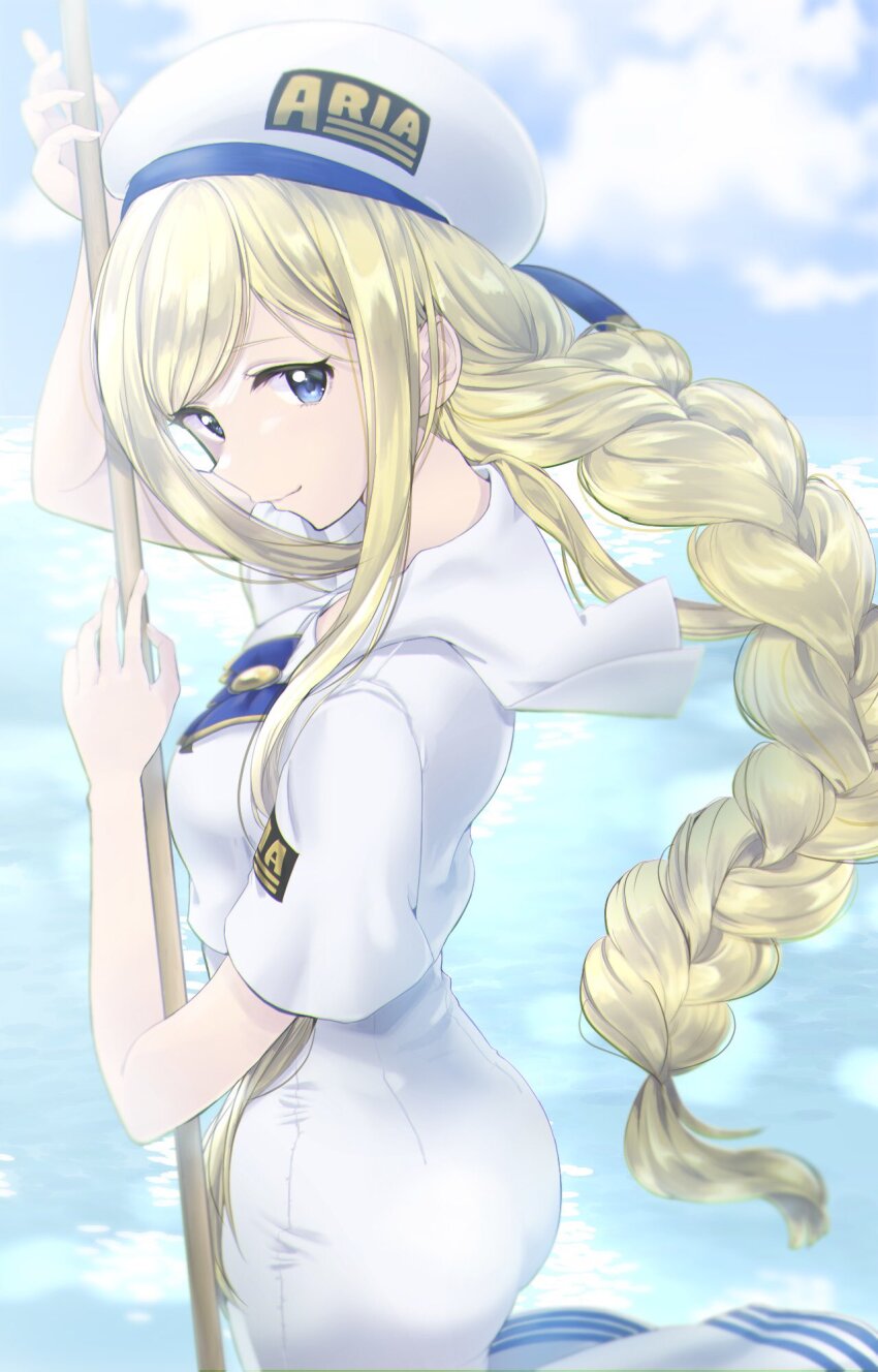 1girl alicia_florence aogirism aria_(manga) aria_company_uniform arm_up ass beret blonde_hair blue_bow blue_bowtie blue_eyes blue_ribbon blue_sky bow bowtie braid braided_ponytail breasts closed_mouth cloud cloudy_sky commentary_request cowboy_shot from_side gold_trim hand_up hat hat_ribbon highres holding holding_oar long_hair looking_at_viewer medium_breasts oar ocean parted_bangs ribbon sailor_collar short_sleeves sidelocks sky solo very_long_hair water white_hat