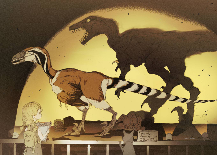 1girl artist_name backpack bag blonde_hair braid cat deinonychus demizu_posuka different_shadow dinosaur feathered_dinosaur fossil holding holding_paper light long_hair open_mouth original paper raptor shadow sharp_teeth taxidermy teeth twin_braids yellow_eyes