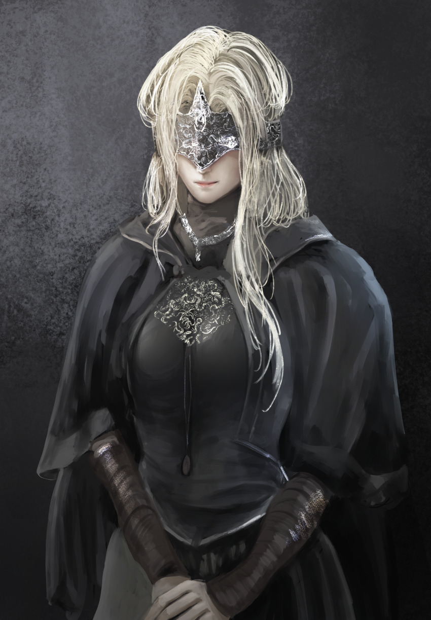 1girl absurdres asaki_(asaki_vision) bandaged_arm bandages black_capelet black_dress blonde_hair capelet commentary covered_eyes dark_background dark_souls_(series) dark_souls_iii dress english_commentary eye_mask fire_keeper highres jewelry long_hair long_sleeves necklace own_hands_together solo upper_body