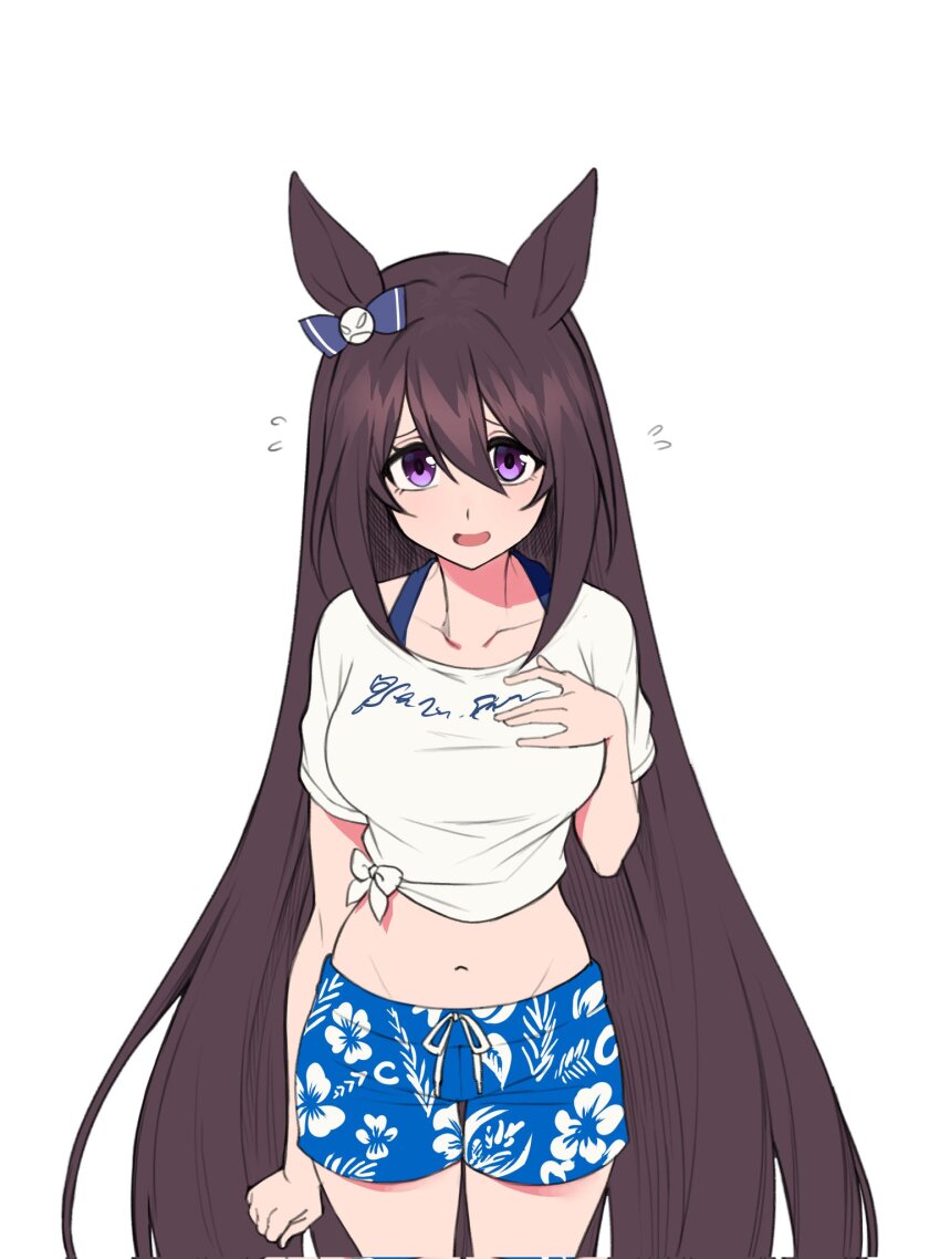 1girl animal_ears blue_bow bow brown_hair corrupted_twitter_file cowboy_shot deep_impact_(umamusume) ear_bow fukuro_(maruaru00) gaze_on_me!_outfit_(umamusume) hair_between_eyes hand_on_own_chest highres horse_ears horse_girl long_hair looking_at_viewer male_swimwear purple_eyes shirt simple_background solo swim_trunks tied_shirt umamusume very_long_hair white_background white_shirt