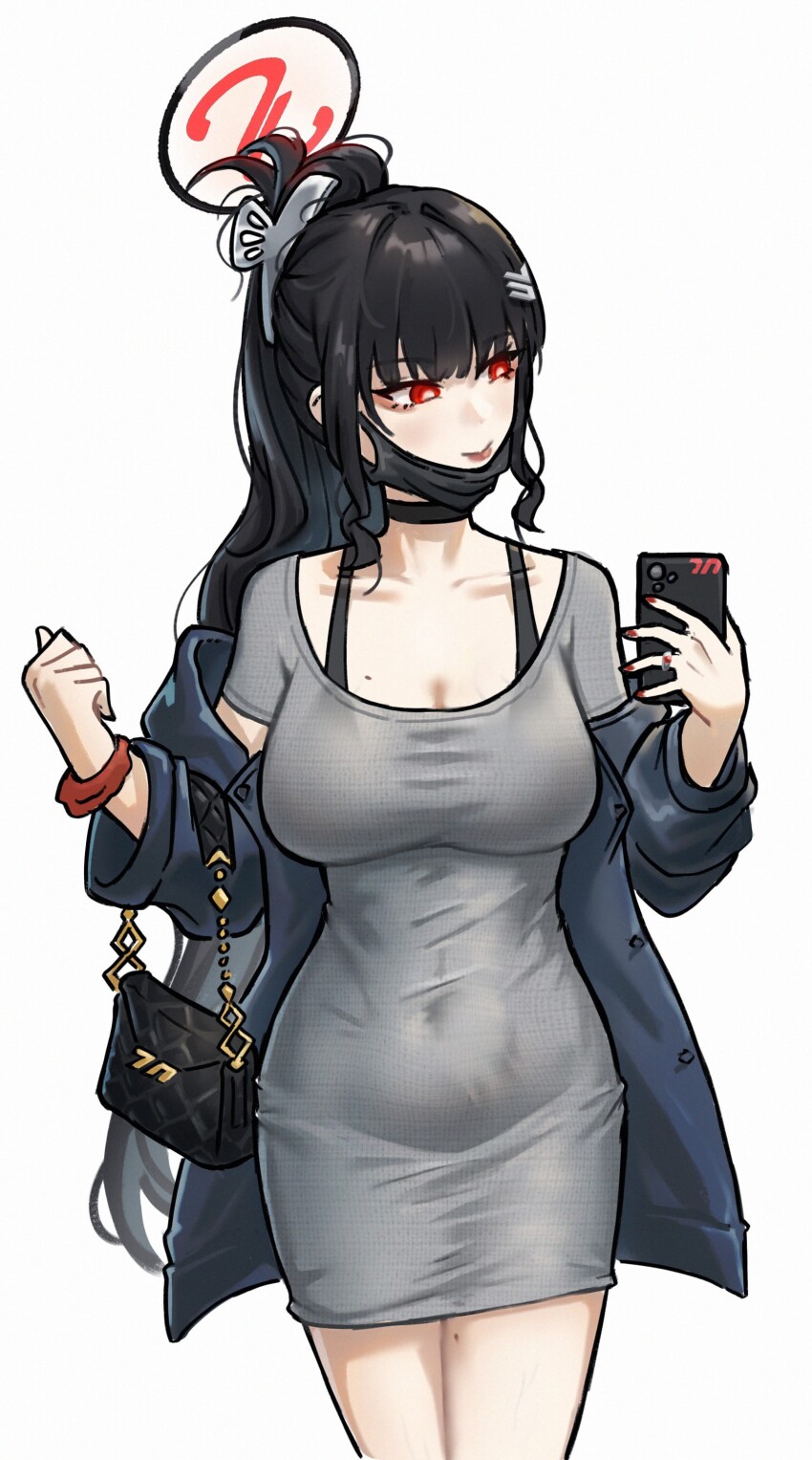 1girl absurdres bag bing_huyue black_hair blue_archive breasts cellphone cleavage covered_navel dongtan_dress dress grey_dress hair_ornament hairclip halo handbag highres holding holding_phone jacket jewelry large_breasts long_hair mask mask_pull meme_attire mole mole_on_breast mouth_mask official_alternate_costume phone ponytail red_nails ring rio_(blue_archive) simple_background smartphone smile solo very_long_hair white_background