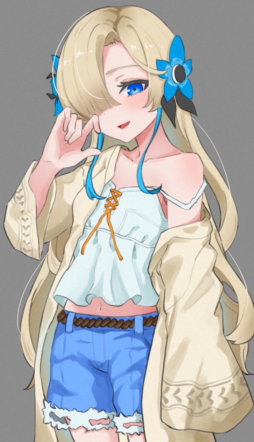anemone_(flower) blue_eyes blue_shorts blush camisole colored_eyelashes cosplay flat_chest flower flower_ornament gakuen_idolmaster hair_ornament highres idolmaster isekaijoucho kamitsubaki_studio multicolored_hair off_shoulder open_mouth petite pinching_gesture shinosawa_hiro shinosawa_hiro_(cosplay) short_shorts shorts sidelocks simple_background tekomaru white_camisole white_hair
