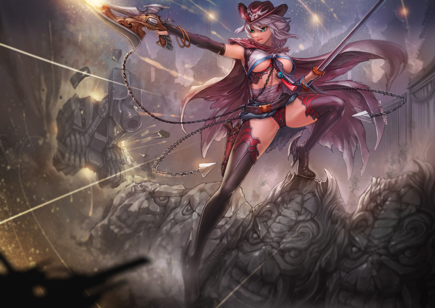 1girl absurdres aqua_eyes artist_name bandages battle belt black_boots black_thighhighs blood boots bracelet breasts cape chain closed_mouth cowboy_hat donne_anonime elbow_gloves explosion female_focus fighting gloves gun handgun hat hellcherr high_heel_boots high_heels highres holding holding_gun holding_weapon jewelry large_breasts original panties parted_lips revolver smile solo spread_legs statue sword thigh_boots thighhighs torn_clothes tower underboob underwear vehicle weapon white_hair zoku_satsuriku_no_django