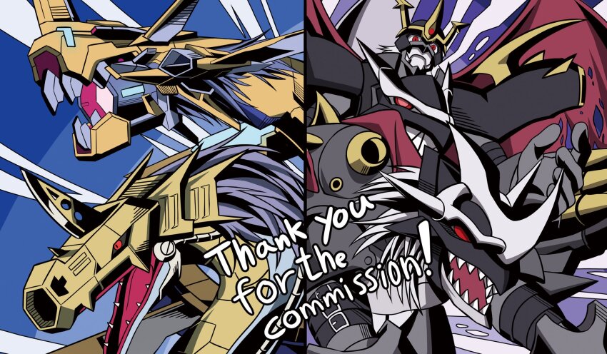 10_09hwan armor black_armor blue_background commission cyborg digimon digimon_(creature) evolutionary_line gigaseadramon grey_hair highres imperialdramon imperialdramon_dragon_mode_(black) imperialdramon_fighter_mode_(black) metalseadramon purple_background red_eyes red_wings sea_serpent sharp_teeth simple_background teeth thank_you white_hair wings