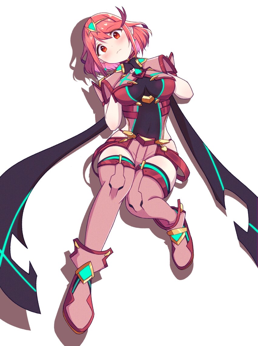 1girl absurdres black_gloves blush bob_cut boots breasts closed_mouth commentary_request core_crystal_(xenoblade) covered_navel full_body gloves hands_on_own_cheeks hands_on_own_face head_tilt highres hip_vent knees_up large_breasts looking_at_viewer lying on_back pyra_(xenoblade) reason3_s red_boots red_eyes red_hair red_shorts shadow short_hair shorts simple_background solo swept_bangs thigh_boots tiara white_background xenoblade_chronicles_(series) xenoblade_chronicles_2