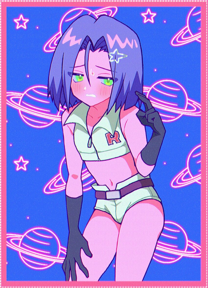 1boy belt black_gloves blue_background blue_hair blush crop_top embarrassed gloves green_eyes highres james_(pokemon) looking_at_viewer macchiromomomo nintendo planet pokemon pokemon_(anime) pokemon_(classic_anime) purple_belt shorts solo solo_focus sweatdrop team_rocket trap