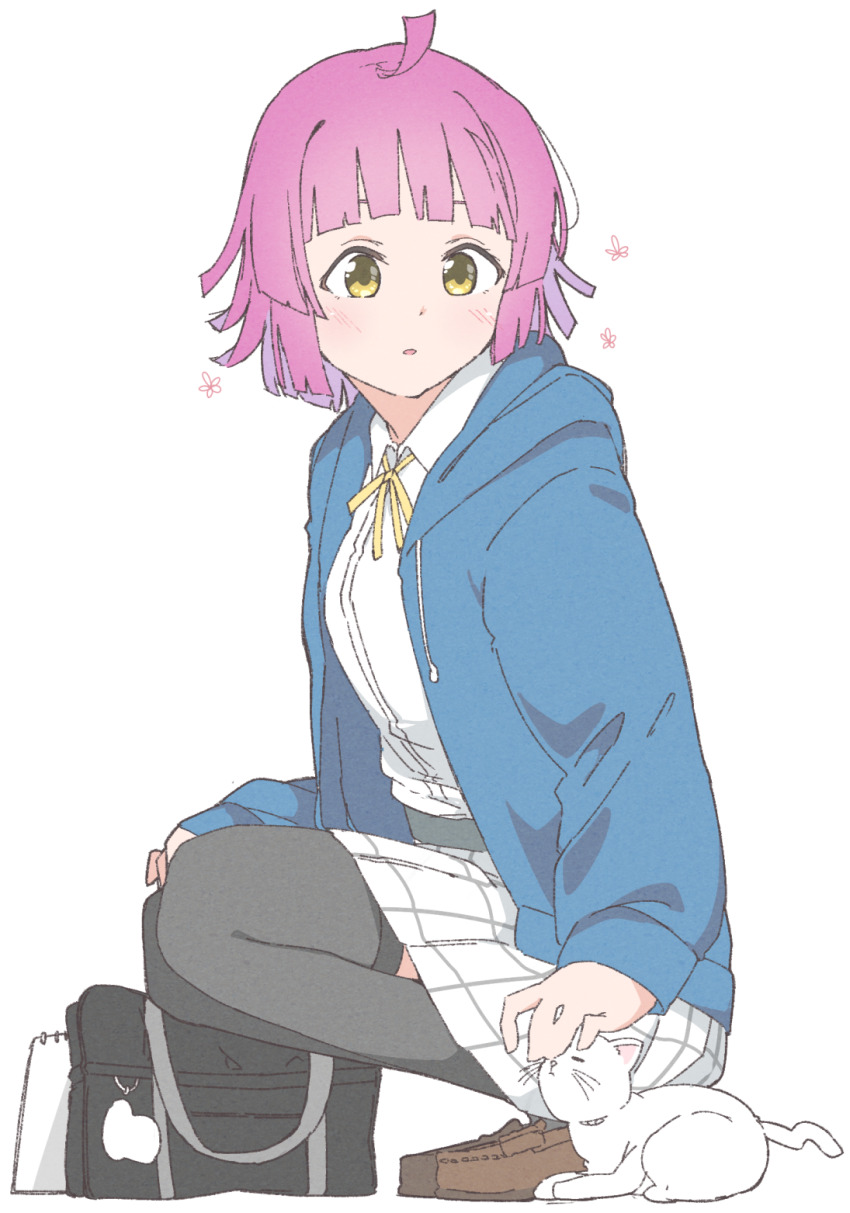 1girl ahoge bag black_bag black_thighhighs blue_jacket blunt_bangs blunt_ends brown_footwear cat collared_shirt commentary_request dress_shirt flower_symbol full_body grey_skirt hanpen_(love_live!) highres hood hooded_jacket jacket kishimen_hair liz_(piyoko_piyop) loafers long_sleeves love_live! love_live!_nijigasaki_high_school_idol_club medium_hair miniskirt nijigasaki_school_uniform petting pink_hair plaid_clothes plaid_skirt pleated_skirt school_bag school_uniform shirt shoes simple_background sketchbook skirt slav_squatting sleeves_past_wrists squatting tennoji_rina thighhighs white_background white_cat white_shirt white_skirt winter_uniform yellow_eyes
