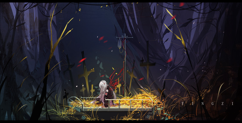 1girl arknights armband artist_name bare_shoulders black_jacket black_shoes braid chinese_commentary clothing_cutout coin commentary_request cross cross_hat_ornament cross_print crown_braid from_side full_body gold_coin highres intravenous_drip jacket letterboxed light_particles long_hair long_sleeves night outdoors petals plant red_cross shoes shoulder_cutout solo squatting tree very_long_hair vines warfarin_(arknights) watermark white_armband white_hair wide_shot yingzi