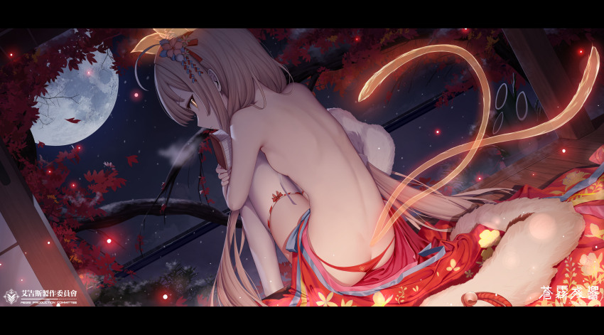 1girl absurdres animal_ear_fluff animal_ears ass back branch breasts brown_eyes brown_hair butt_crack character_request full_moon haze/reverb highres holding hugging_own_legs kadomatsu knees_up letterboxed long_hair looking_at_viewer looking_back moon multiple_tails night night_sky official_art panties red_panties roi_(liu_tian) sky small_breasts solo tail thighhighs tree two_tails underwear very_long_hair white_thighhighs