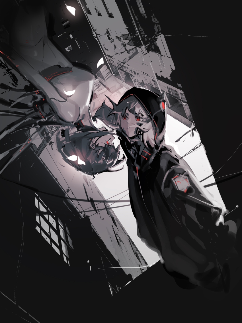 2girls absurdres alley animal_ear_hood animal_ears black_jacket black_sleeves blonde_hair blunt_bangs cable cat_ears character_request cityscape covered_mouth cowboy_shot cytus cytus_ii fake_animal_ears grey_hair greyscale hands_in_pockets highres hood hood_up hooded_jacket ivy_(cytus) jacket lobelia_(saclia) long_sleeves medium_hair monochrome multiple_girls outdoors red_eyes robot spot_color window