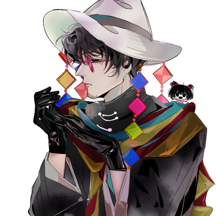 1boy 1girl babaibaiwan beard_stubble black_eyes black_gloves black_hair black_jacket chinese_commentary closed_mouth colored_skin commentary_request facial_hair fedora frown gloves hair_bobbles hair_ornament hat huai_huizhi huai_yunqing jacket long_sleeves male_focus mini_person minigirl multicolored_scarf open_mouth pink-tinted_eyewear pink_shirt round_eyewear scarf shirt short_hair short_twintails simple_background smile stubble tinted_eyewear touqi_guaitan twintails upper_body white_background white_hat white_skin