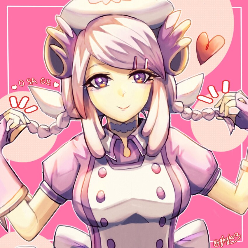 1girl alternate_hairstyle braid breasts closed_mouth dragon_girl dragon_horns fingerless_gloves gloves hair_ornament heart highres holding holding_own_hair horns large_breasts looking_at_viewer nurse nurse_dragonmaid pink_eyes pink_hair puffy_short_sleeves puffy_sleeves short_hair short_sleeves smile solo twin_braids upper_body yu-gi-oh! yukari_(ykykr3)