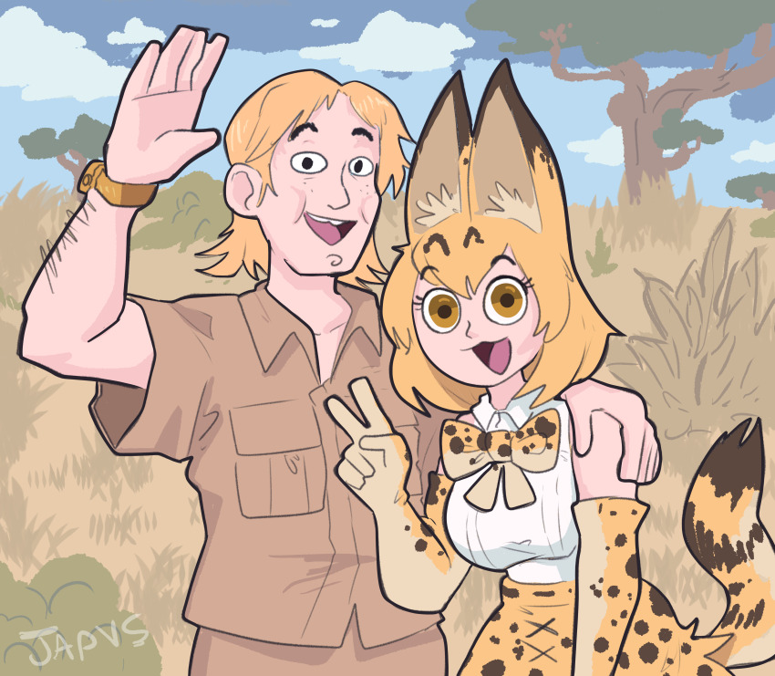 1boy 1girl :d absurdres animal_ear_fluff animal_ears animal_print arm_hair artist_name blonde_hair bow bowtie breasts brown_eyes brown_shirt collarbone collared_shirt crossover elbow_gloves gloves highres japvs kemono_friends medium_breasts open_hand open_mouth real_life serval_(kemono_friends) shirt shirt_tucked_in short_hair skirt sleeveless sleeveless_shirt smile steve_irwin tail tree v waving white_shirt
