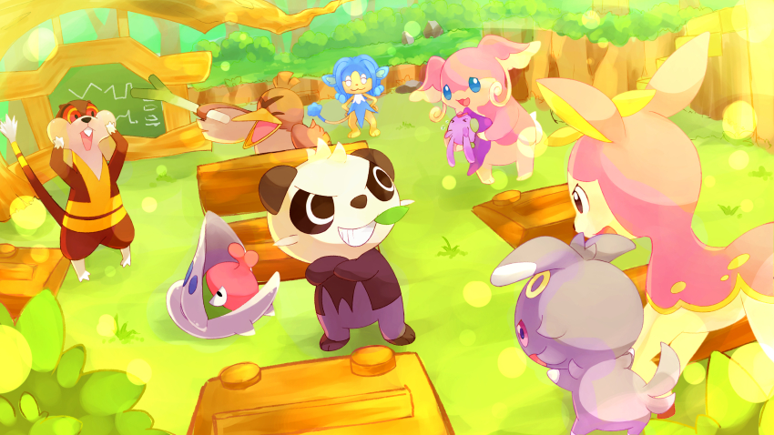 :d audino bird blue_eyes bush chalkboard commentary_request day deerling espurr farfetch&#039;d gen_1_pokemon gen_5_pokemon gen_6_pokemon goomy grass hands_up highres holding holding_pokemon nintendo no_humans open_mouth outdoors pancham panpour pokemon pokemon_(creature) pokemon_mystery_dungeon pokemon_super_mystery_dungeon putto rock shelmet smile spring_onion standing tongue tree watchog