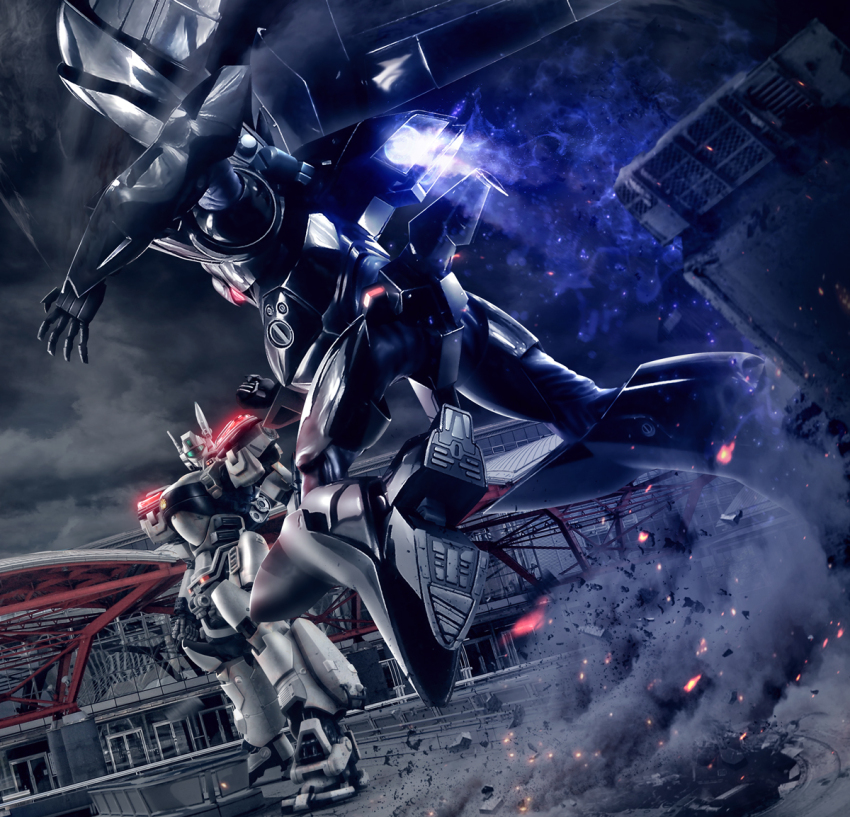 assault_visor av-98_ingram building clenched_hand commentary_request debris destruction from_behind hiropon_(tasogare_no_puu) kidou_keisatsu_patlabor mecha mecha_focus no_humans outdoors overcast partial_commentary police radio_antenna robot science_fiction sky standing type_j-9_griffon