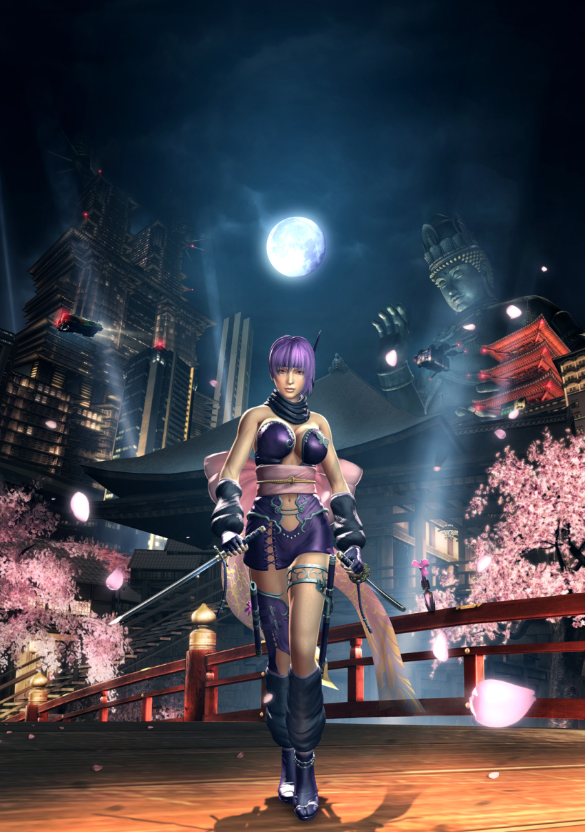 1girl 3d anklet ayane_(doa) bow breasts bridge building cherry_blossoms city dead_or_alive female_focus highres huge_breasts jewelry katana kunai large_breasts moon ninja ninja_gaiden ninja_gaiden_sigma_2 official_art purple_hair red_eyes scarf skirt skyscraper solo statue sword weapon