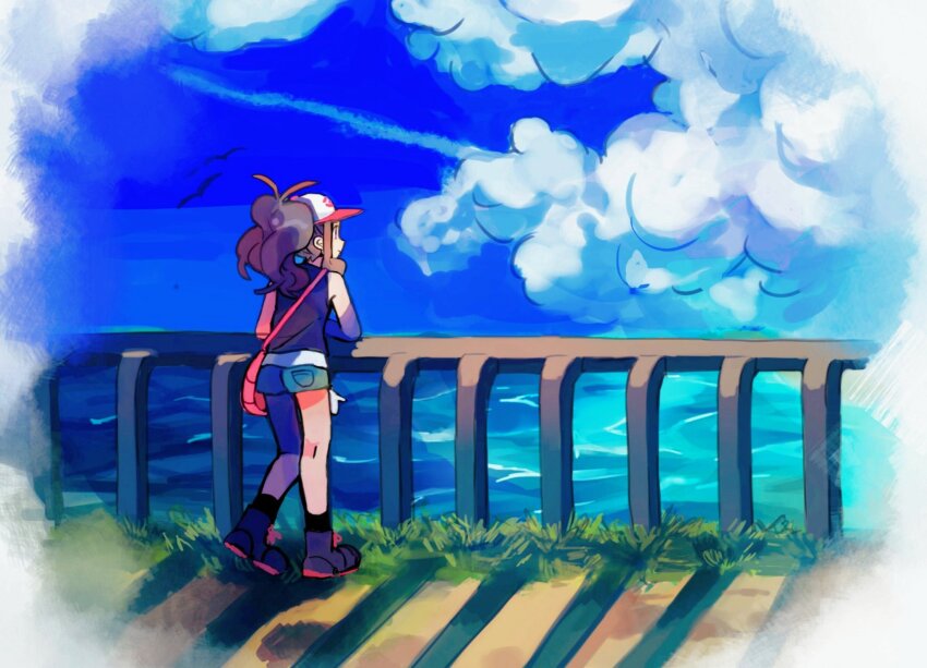1girl antenna_hair bag baseball_cap black_vest blue_shorts blue_sky brown_hair cloud contrail cutoffs day grass handbag hat highres hilda_(pokemon) long_hair nintendo outdoors pink_bag pokemon pokemon_bw railing shichibee_(stm_mimi) shirt shorts sky vest white_shirt