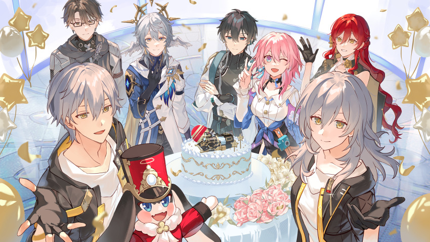 3girls 4boys absurdres astral_express_(honkai:_star_rail) balloon birthday_cake black_gloves black_hair black_jacket blue_eyes caelus_(honkai:_star_rail) cake closed_mouth dan_heng_(honkai:_star_rail) earrings feathered_wings flower food gloves gold_earrings grey_hair hair_between_eyes halo halo_behind_head head_wings highres himeko_(honkai:_star_rail) honkai:_star_rail honkai_(series) jacket jewelry kanangnsn long_hair long_sleeves looking_at_viewer march_7th_(honkai:_star_rail) medium_hair multicolored_eyes multiple_boys multiple_girls one_eye_closed open_mouth piercing pink_hair pom-pom_(honkai:_star_rail) red_hair shirt short_hair smile spiked_halo stelle_(honkai:_star_rail) sunday_(honkai:_star_rail) trailblazer_(honkai:_star_rail) white_shirt white_wings wing_piercing wings yellow_eyes
