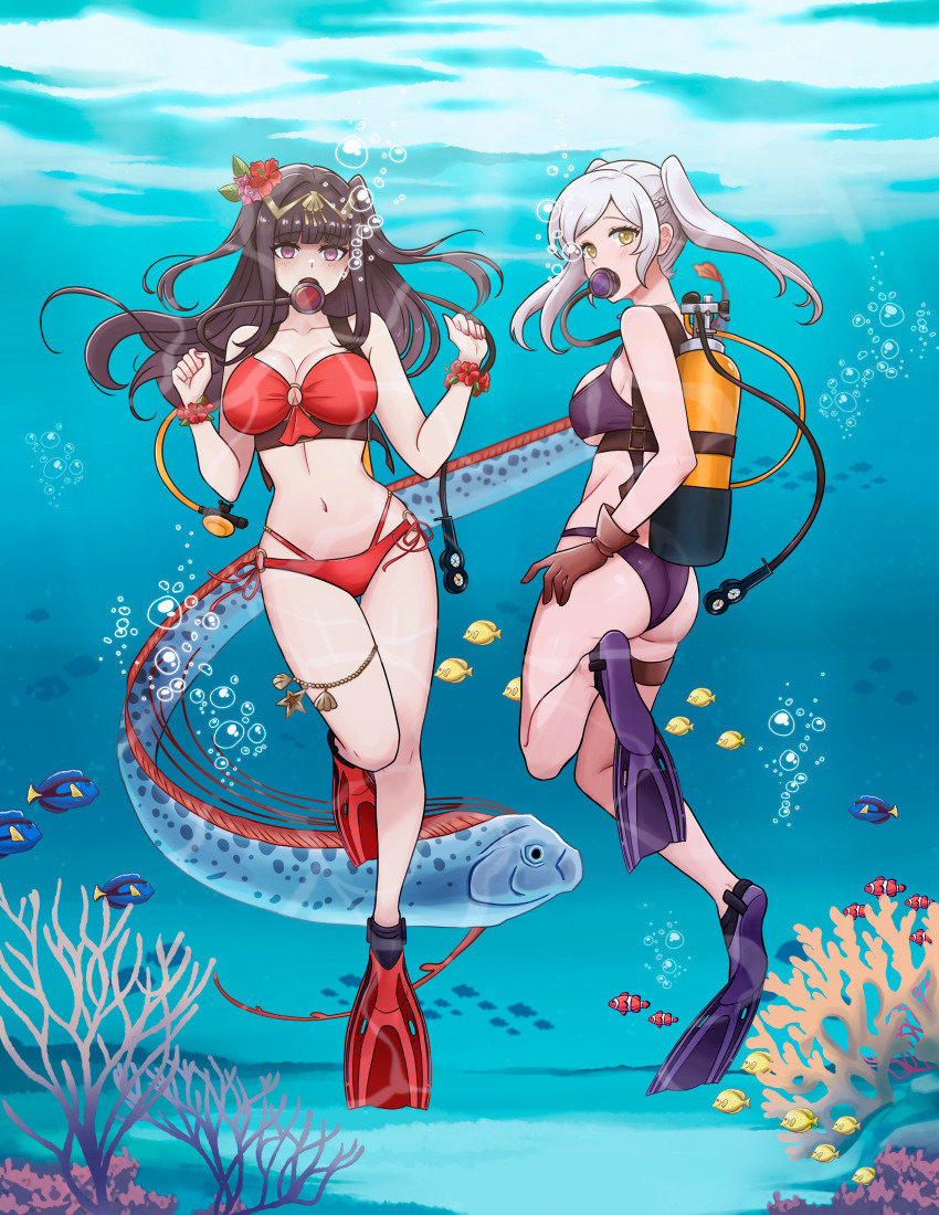 2girls absurdres anachronism ass bikini black_eyes black_hair blunt_bangs bougainvillea_(flower) bracelet braid breasts brown_gloves bubble circlet cleavage clownfish commentary commission english_commentary female_robin_(fire_emblem) fire_emblem fire_emblem_awakening fire_emblem_heroes fish flippers flower flower_bracelet full_body gloves hair_flower hair_ornament hibiscus highres jewelry large_breasts long_hair looking_at_viewer medium_breasts multiple_girls navel nintendo oarfish official_alternate_costume oxygen_mask oxygen_tank pink_flower purple_bikini red_bikini red_flower regal_blue_tang rein_creamsoda female_robin_(seaside_tactician)_(fire_emblem) school_of_fish scuba scuba_gear scuba_tank second-party_source stomach swept_bangs swimsuit tharja_(fire_emblem) tharja_(summer)_(fire_emblem) tropical_fish twintails twitter_username two_side_up underwater water yellow_eyes yellow_tang