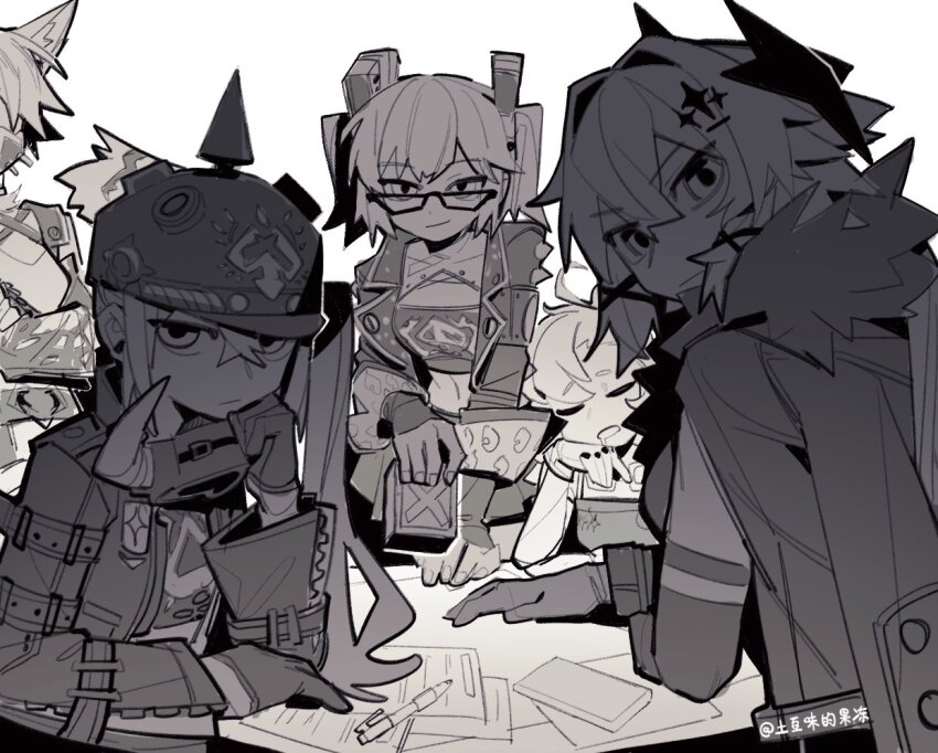 5girls breasts burnice_white caesar_king_(zenless_zone_zero) closed_eyes commentary_request crop_top crossed_bangs furry furry_female gloves greyscale hair_between_eyes hair_ribbon helm helmet holding jacket long_hair long_sleeves looking_at_viewer luciana_de_montefio mask mask_around_neck monochrome multiple_girls open_clothes open_jacket paper pen piper_wheel pulchra_fellini ribbon saliva side_ponytail simple_background sunglasses table tudouwei_de_guodong zenless_zone_zero