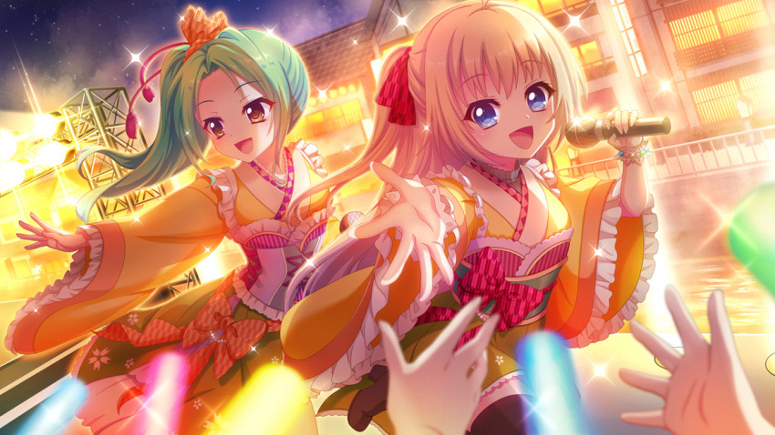 2girls :d alternate_hairstyle blonde_hair blue_eyes bow building concert dot_nose dutch_angle film_grain frilled_kimono frills game_cg glowstick green_hair hair_bow high_ponytail holding holding_microphone itsumura_haruka izumi_tsubasu japanese_clothes kimono lens_flare long_hair looking_at_viewer microphone multiple_girls night night_sky non-web_source obi official_art open_mouth orange_bow orange_kimono outdoors ponytail pov pov_hands print_bow railing re:stage! reaching reaching_towards_viewer red_bow river sash shirokita_kuroha sky smile sparkle stage_lights star_(sky) starry_sky town yellow_eyes