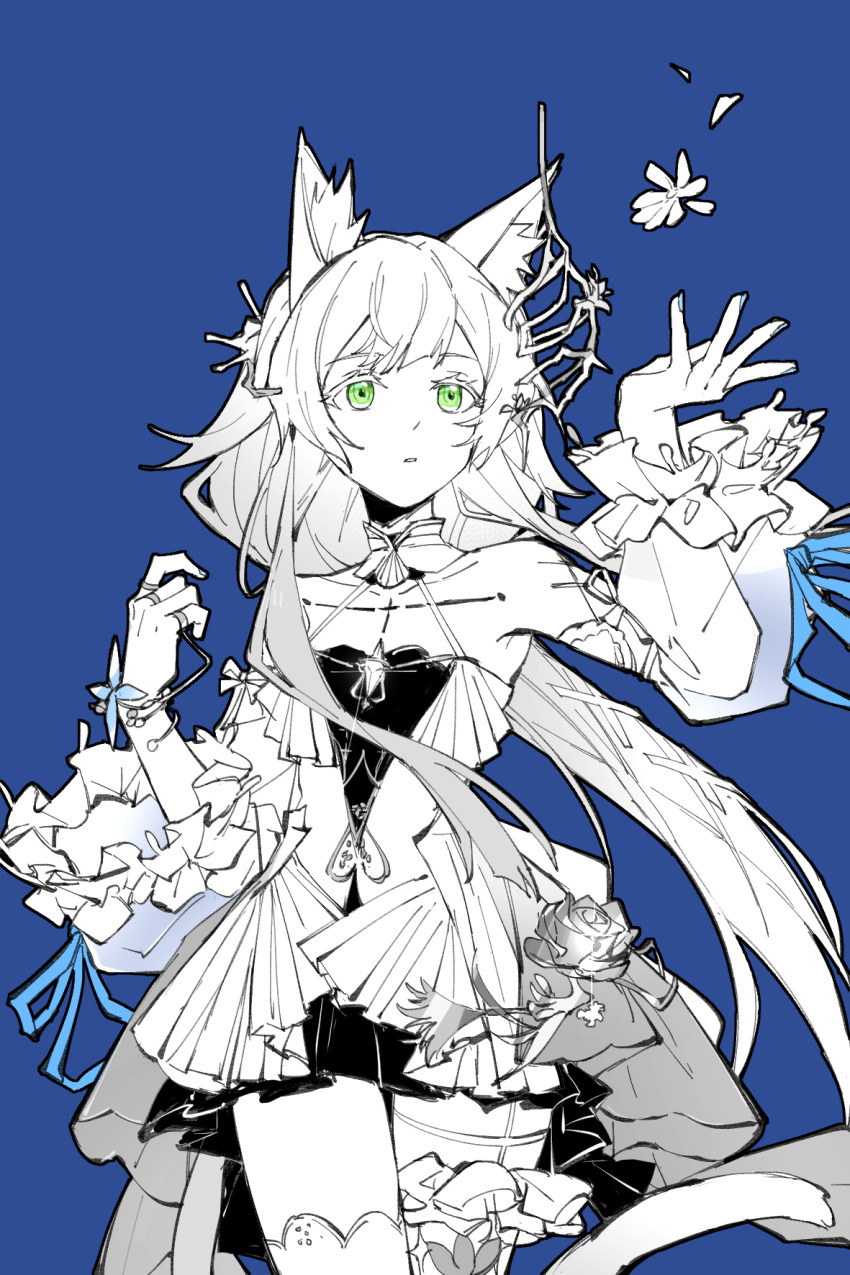 1girl animal_ear_fluff animal_ears arknights bare_shoulders blue_background blue_ribbon chinese_commentary commentary_request cowboy_shot dress fingernails flower green_eyes halter_dress halterneck highres jewelry long_hair looking_up multiple_rings parted_lips partial_commentary partially_colored petals piaoliu_ping_ping_ping_pingzi ribbon ring rosmontis_(arknights) simple_background solo standing tail thighhighs