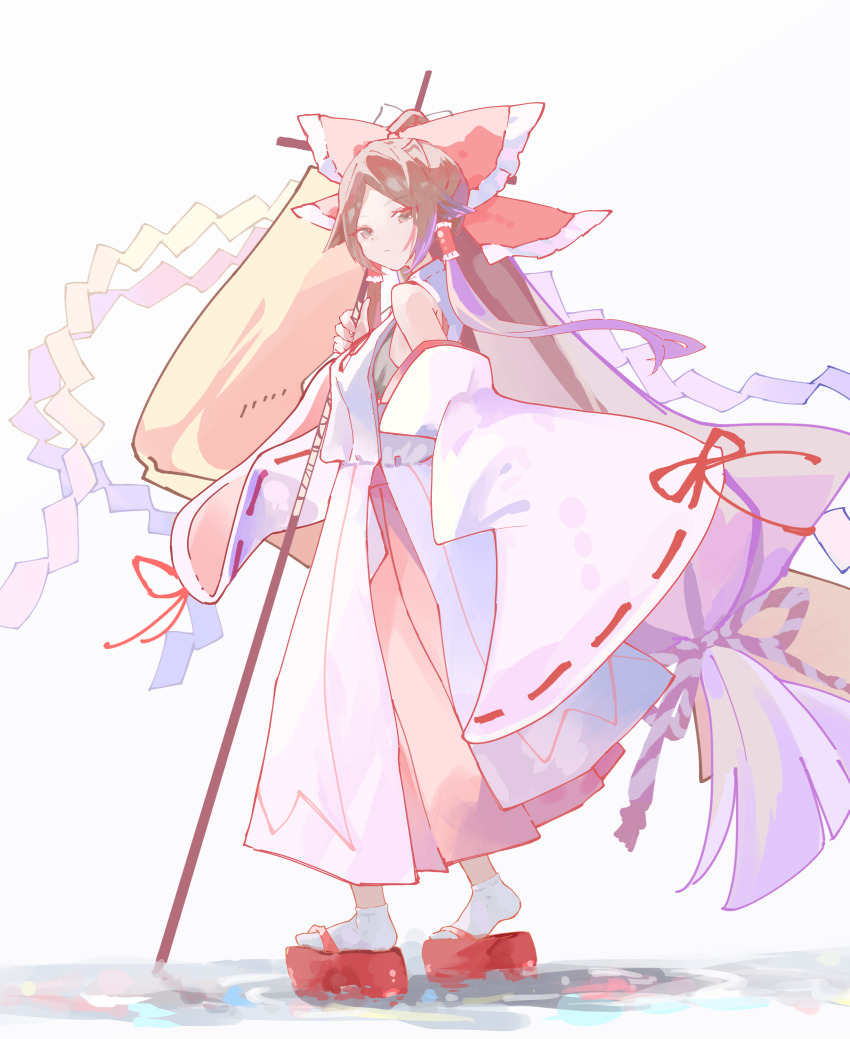 1girl absurdly_long_hair absurdres bare_shoulders bow brown_hair chihaya_(clothing) detached_sleeves foul_detective_satori frilled_hair_tubes frills full_body gensokyo&#039;s_first_hakurei_miko gohei hair_bow hair_tubes harushagi999nainn highres holding holding_gohei huge_bow japanese_clothes long_hair looking_at_viewer miko ponytail shide sleeves_past_fingers sleeves_past_wrists solo touhou very_long_hair walking