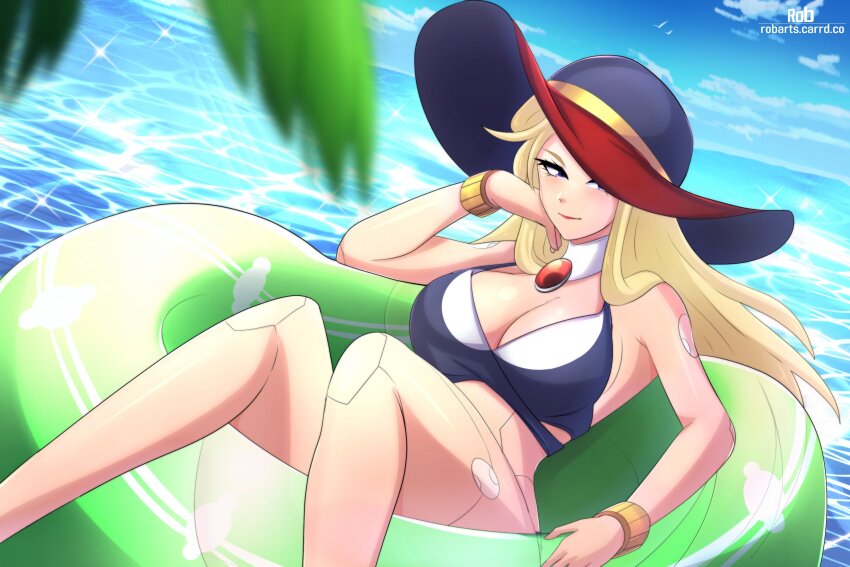 1girl alternate_costume axasempai berkana_(mega_man) bikini black_bikini black_hat blonde_hair blue_eyes hat highres long_hair mega_man_(series) mega_man_x_(series) mega_man_xtreme_2 ocean palm_tree red_lips robot_girl solo swimsuit tree