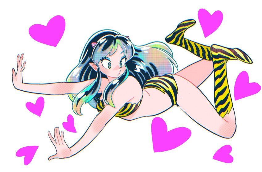 1girl animal_print bikini boots commentary cone_horns full_body heart highres horns knee_boots long_hair lum muda_rengou_to_ziggy_stardust pointy_ears print_bikini print_boots sidelocks solo swimsuit symbol-only_commentary tiger_print urusei_yatsura white_background
