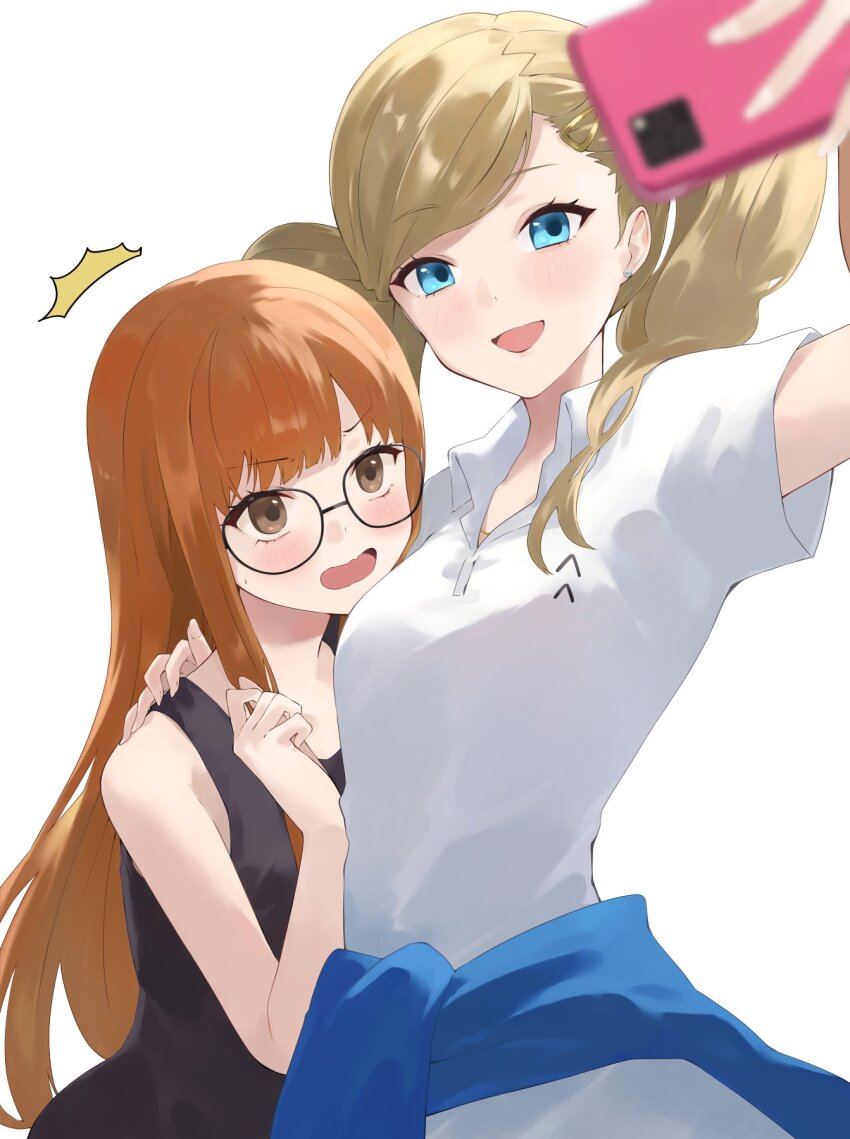 2girls black-framed_eyewear blonde_hair blue_eyes blunt_bangs blush breasts glasses highres holding holding_phone konchi_(63438789) long_hair looking_at_viewer multiple_girls open_mouth orange_hair persona persona_5 phone sakura_futaba shirt simple_background smile takamaki_anne twintails white_background white_shirt