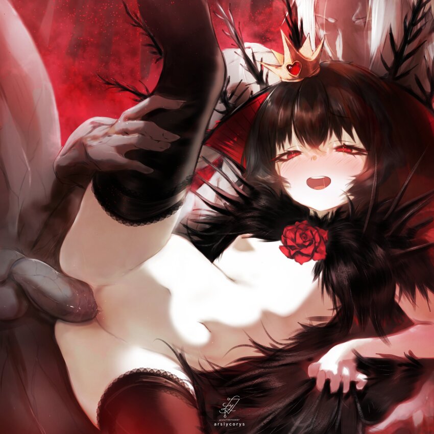 1boy 1girl ars_lycorys artist_name black_cloak black_hair black_souls black_souls_2 black_thighhighs blush brooch cloak clothes_grab colored_skin commission crown flat_chest flower flower_brooch fur_cloak grey_skin grimm_(black_souls) highres jewelry leg_lift lorina_(black_souls) lying on_side open_mouth pale_skin penis pussy red_eyes red_flower red_rose rose sex short_hair thighhighs uncensored vaginal watermark