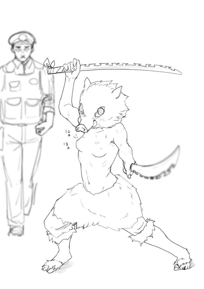1boy 1girl blurry boar_mask breasts breath commentary cosplay crossdressing depth_of_field dual_wielding foreshortening fur-trimmed_legwear fur_trim greyscale hashibira_inosuke hashibira_inosuke_(cosplay) highres holding holding_sword holding_weapon katana kimetsu_no_yaiba looking_at_viewer medium_breasts monochrome navel nipples original pants pointing pointing_at_viewer pointing_melee_weapon pointing_sword police police_uniform policeman ribs serrated_sword shimokori simple_background standing sweat sword toeless_footwear topless_female walking weapon white_background