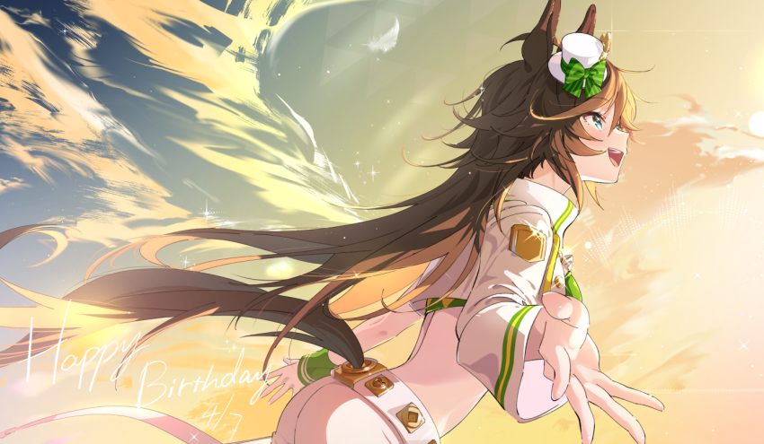 1girl animal_ears brown_hair cloud commentary_request happy_birthday hat horse_ears horse_girl horse_tail jacket long_hair long_sleeves midriff mini_hat mr._c.b._(umamusume) open_mouth sky smile solo tail taromarun umamusume white_hat white_jacket