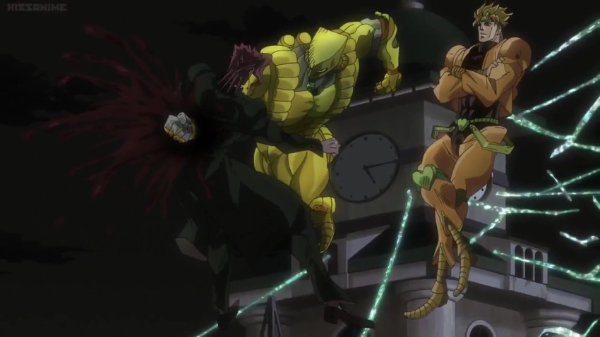 blonde_hair blood death dio_brando impaled jojo jojo_no_kimyou_na_bouken kakyoin_noriaki red_hair the_world