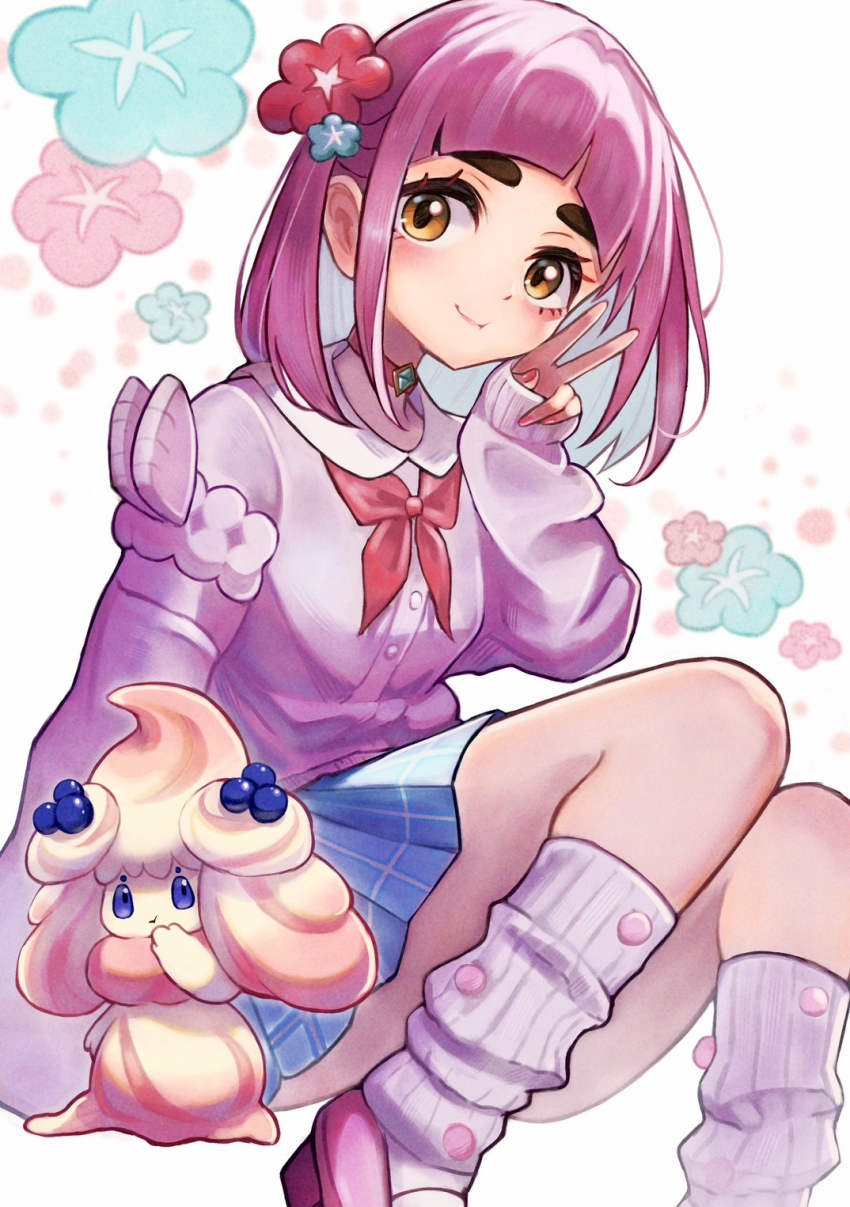 1girl alcremie alcremie_(berry_sweet) alcremie_(ruby_swirl) alternate_costume blue_eyes blue_flower blue_skirt blush brown_eyes cardigan closed_mouth commentary_request flower gen_8_pokemon hair_flower hair_ornament highres hinata_(hiantart9215) lacey_(pokemon) loose_socks medium_hair mismatched_eyebrows nail_polish nintendo pink_hair pokemon pokemon_(creature) pokemon_sv purple_cardigan red_flower simple_background sitting skirt smile socks thick_eyebrows v white_background