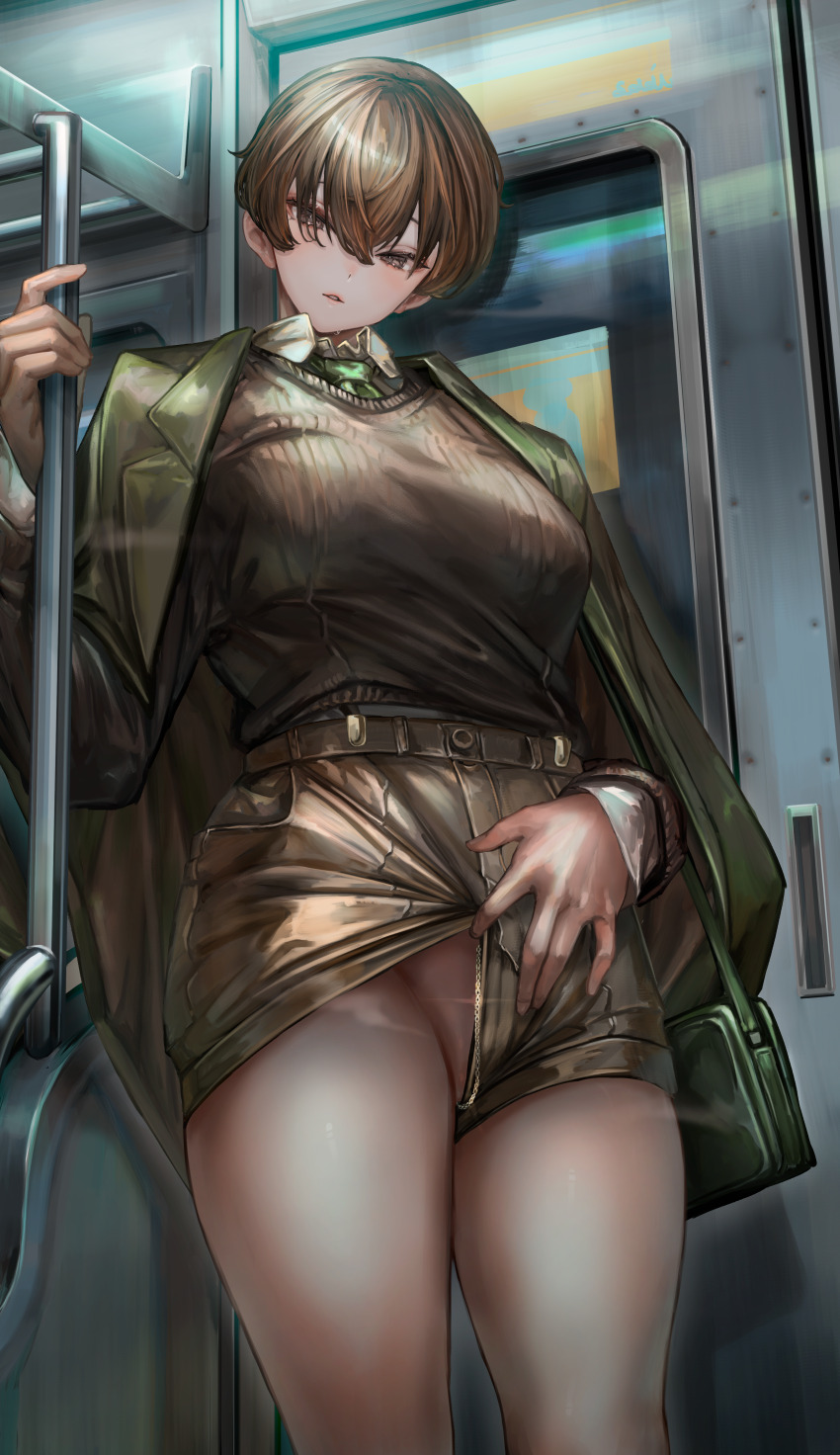 1girl absurdres bag belt black_sweater breasts brown_belt brown_eyes brown_hair brown_shorts chain clothes_pull collared_shirt commentary_request convenient_censoring cowboy_shot dot_nose green_bag green_jacket green_necktie groin hair_between_eyes hair_over_one_eye handbag highres jacket large_breasts long_sleeves looking_at_viewer necktie open_clothes open_jacket original parted_lips shirt short_hair shorts shorts_pull soleil_(soleilmtfbwy03) solo standing sweater thighs tomboy train_interior white_shirt