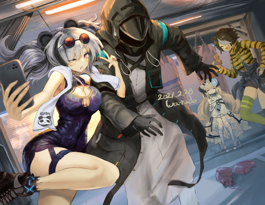 1boy 3girls animal_ears arknights artist_name beehunter_(arknights) black_coat black_gloves blonde_hair breasts brown_hair china_dress chinese_clothes cleavage coat dated doctor_(arknights) dress dutch_angle eyewear_on_head feater_(arknights) gloves holding holding_phone looking_at_viewer multicolored_hair multiple_girls nightingale_(arknights) one_eye_closed panda_ears panda_girl phone red_eyes selfie smile striped_hair takechi_akinobu thigh_strap two-tone_hair two_side_up v