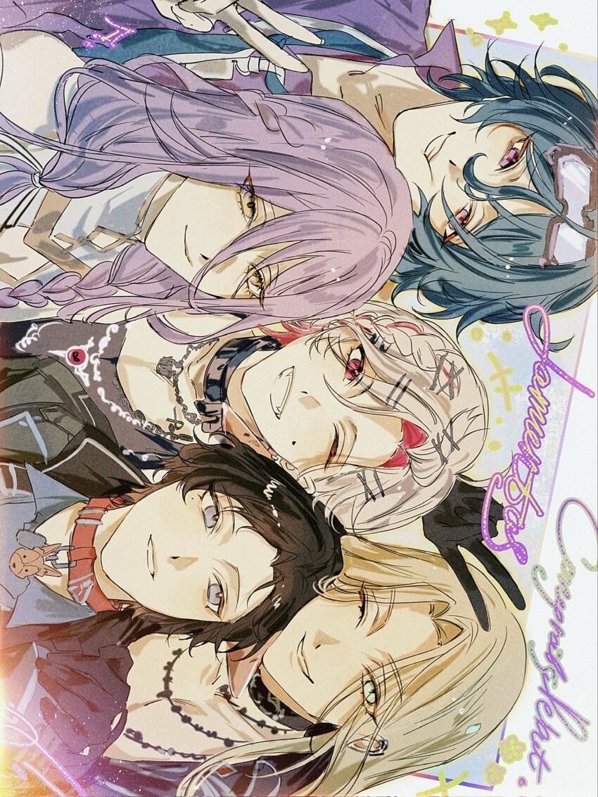5boys animal_ears ashkariel black_choker black_gloves black_hair blonde_hair blue_eyes braid caelen_strayfe chain choker collar dog_ears ear_piercing elias_delborne eyewear_on_head facial_tattoo first_stage_production gloves green_eyes hair_ornament hairclip highres liron_lockheart looking_at_another looking_at_viewer multicolored_hair multiple_boys necktie noracupcake one_eye_closed piercing purple_eyes purple_hair red_collar shiki_katagami smile tattoo teeth virtual_youtuber writing yellow_eyes