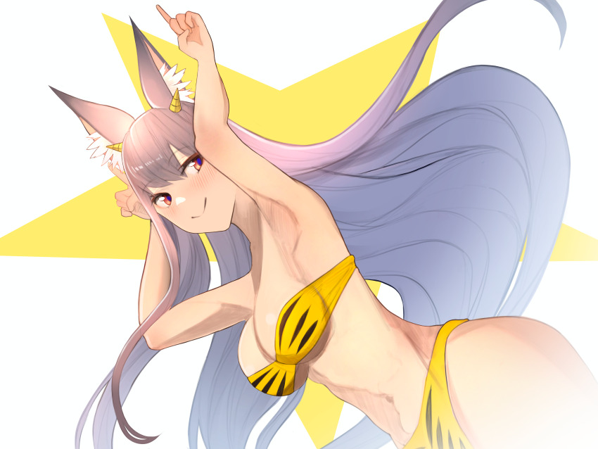 1girl absurdres alternate_costume animal_ear_fluff animal_ears animal_print armpits bad_id bad_pixiv_id bandeau bikini blue_pupils blush breasts closed_mouth cosplay cowboy_shot dutch_angle eyelashes floating_hair fox_ears fox_girl grey_hair hair_between_eyes highres horns indie_virtual_youtuber kamishiro_natsume large_breasts long_hair looking_at_viewer lum lum_(cosplay) navel red_eyes smile solo star_(symbol) star_symbol_background stomach straight_hair strapless strapless_bikini swimsuit tiger_print two-tone_background urusei_yatsura virtual_youtuber white_background yellow_background yellow_bikini yuuhi_(yuuvi83)