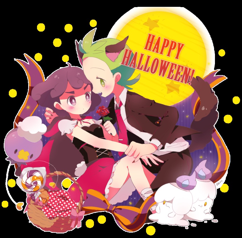 1boy 1girl 33lol alternate_costume animal_ears artist_name basket black_pants blush bow breasts burgundy_(pokemon) candy cape cilan_(pokemon) drifloon eye_contact flower food formal_clothes gen_4_pokemon gen_5_pokemon green_eyes halloween hand_grab happy_halloween hetero holding holding_flower little_red_riding_hood_(fairy_tale_character) litwick lollipop looking_at_another nail_polish nintendo open_mouth pants pink_bow pink_neckwear pink_skirt pokemon pokemon_(anime) pokemon_(creature) pokemon_bw pokemon_bw_(anime) purple_bow purple_eyes red_nails ribbon rose short_hair simple_background skirt small_breasts striped_ribbon suit thick_eyebrows transparent_background werewolf