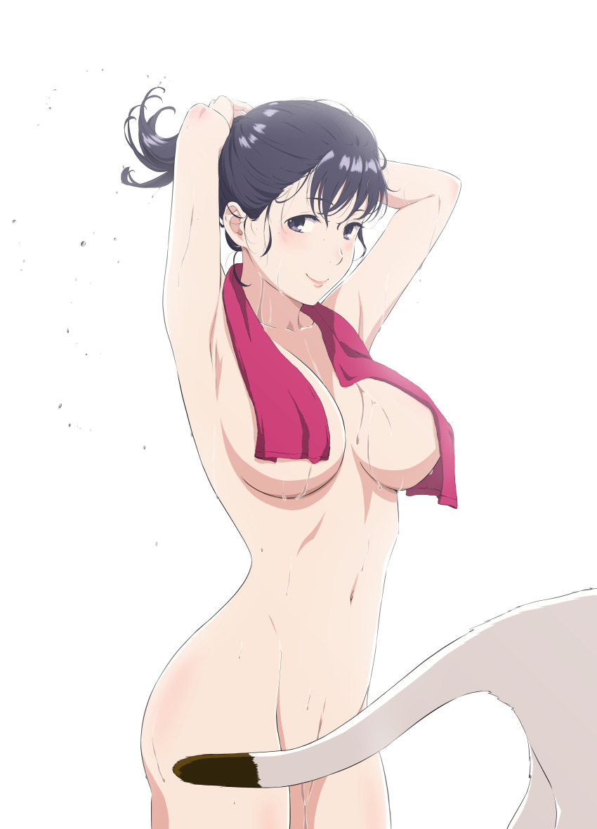 1girl absurdres adjusting_hair animal armpits arms_behind_head arms_up bare_arms black_eyes black_hair blush breasts cat choujo_(kakitama) closed_mouth commentary convenient_censoring hands_on_own_head highres kakitama large_breasts long_hair looking_at_viewer matching_hair/eyes navel nude original purple_eyes purple_hair simple_background smile solo standing tail tail_censor towel towel_around_neck towel_over_breasts wet white_background